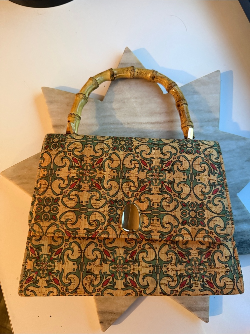 Bamboo-Handled Floral Print Tote in Natural